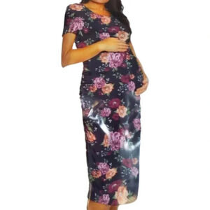 Navy Blue Floral Print Womens Maternity Dress Short Sleeve, Side Rouching